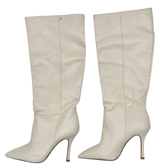 Larroude Kate Knee High Leather Boots Ivory Pointed Toe Heels NWOT - Size 7 - Picture 4 of 12